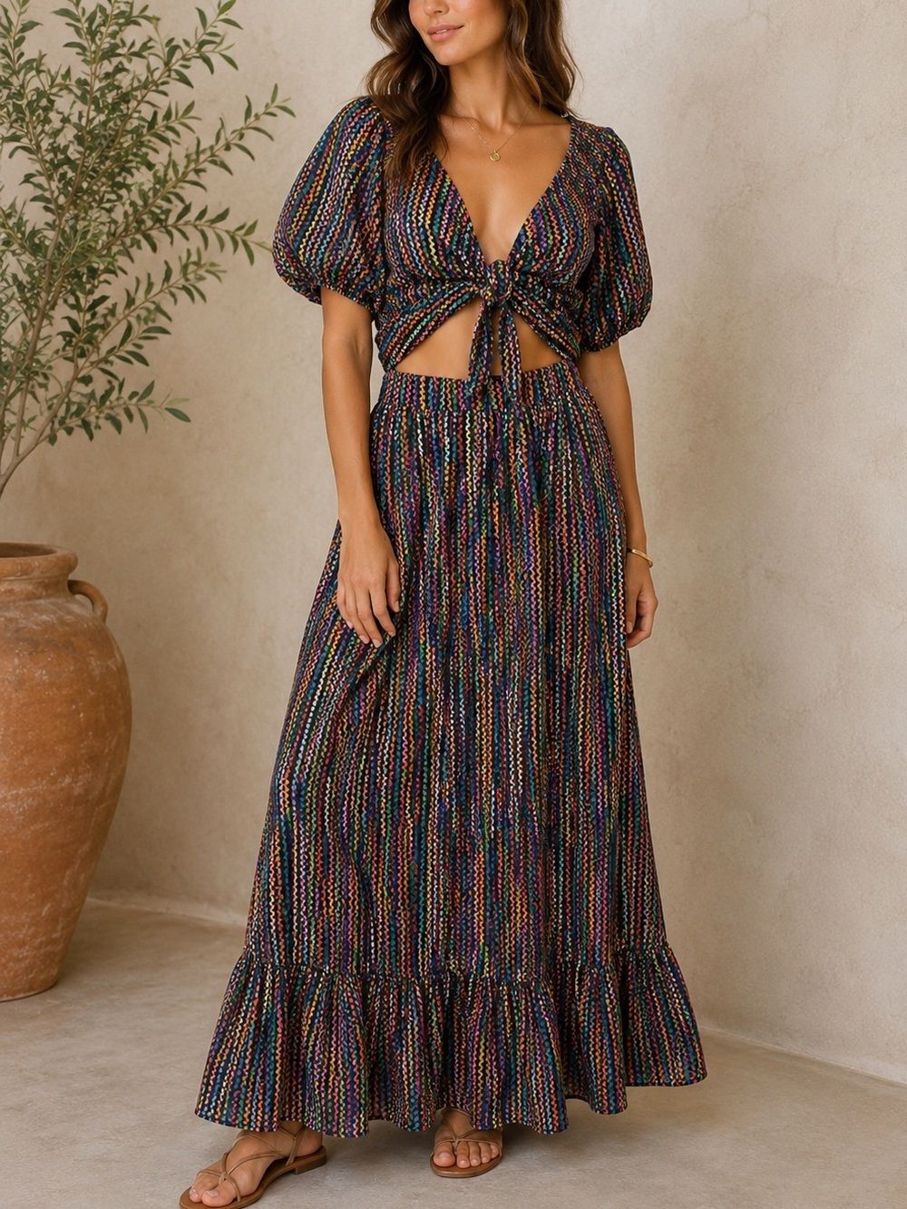 RAMY BROOK Megan Maxi Dress XL NWT Convertible Cutout Puff Sleeve Colorful